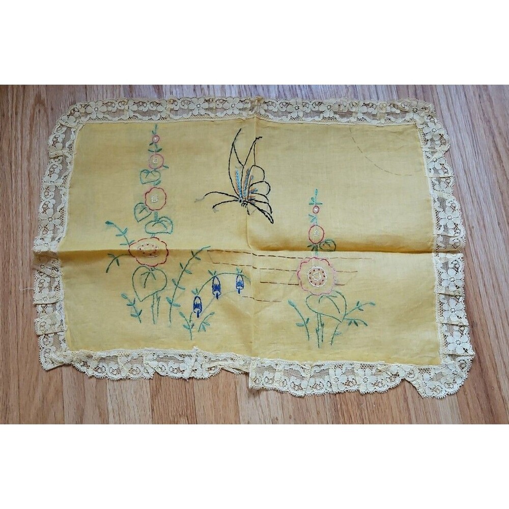 vintage hand embroidered Decorative Pillow Throw, Butterfly And Flowers